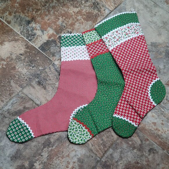 Christmas Stockings Set of 3 Cotton Fabric Festive Red White Green Patterns - Picture 6 of 10